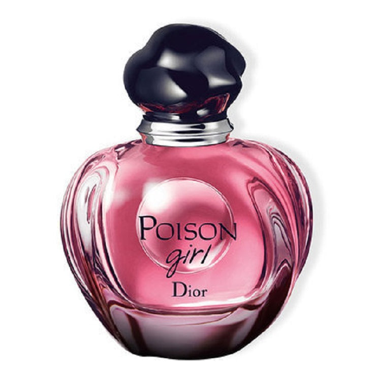 A bottle of Poison Girl Eau de Parfum by Christian Dior with a pink hue and a black cap.