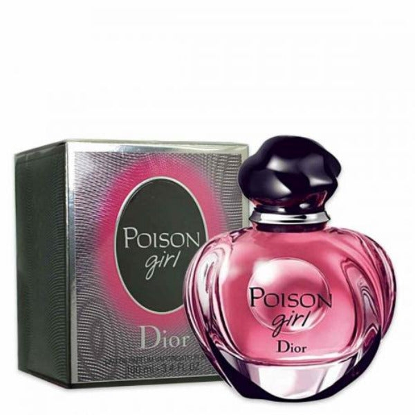 A bottle of 'Poison Girl' eau de parfum by Dior with a pink label and cap, alongside its green box packaging.