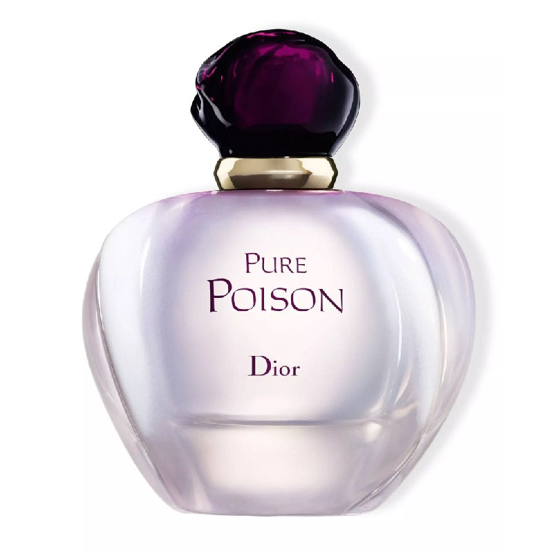 A bottle of Pure Poison Eau de Parfum by Christian Dior with a purple cap on a white background.