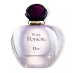 A bottle of Pure Poison Eau de Parfum by Christian Dior with a purple cap on a white background.