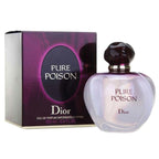 A bottle of Dior Pure Poison eau de parfum alongside its packaging box.