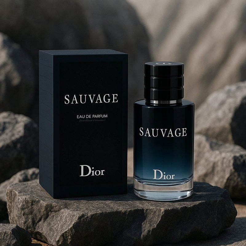 Dior Sauvage perfume bottle and packaging on a stone surface