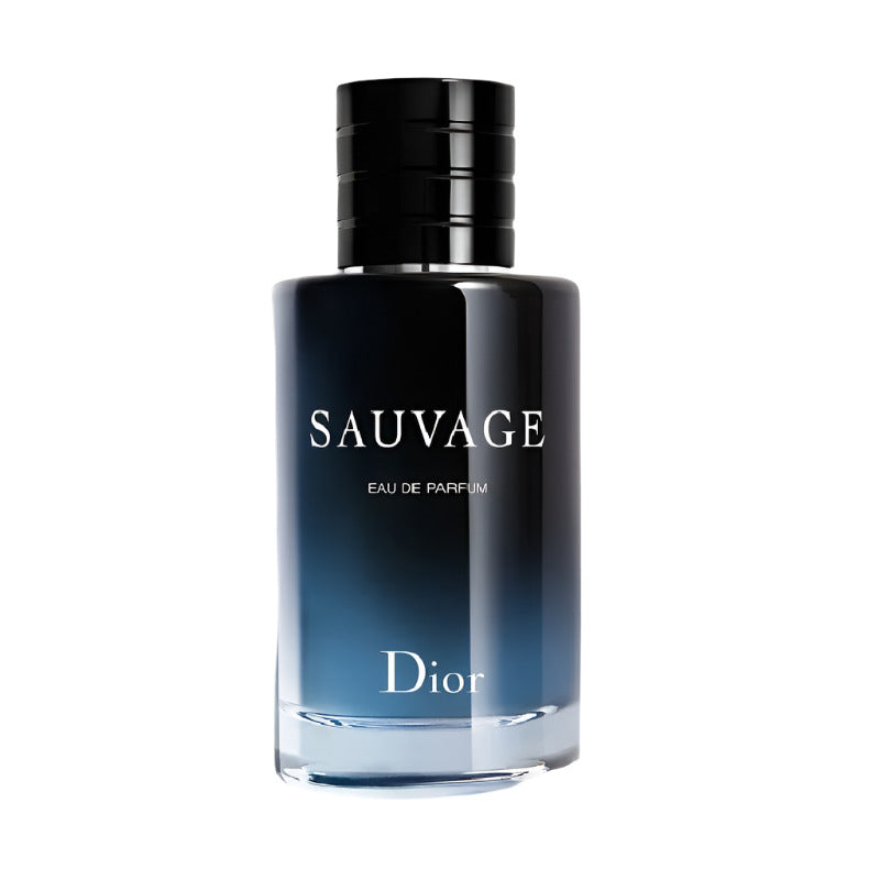 A bottle of Dior Sauvage Eau de Parfum with a dark to light gradient and the brand name 'Dior' visible on the label.