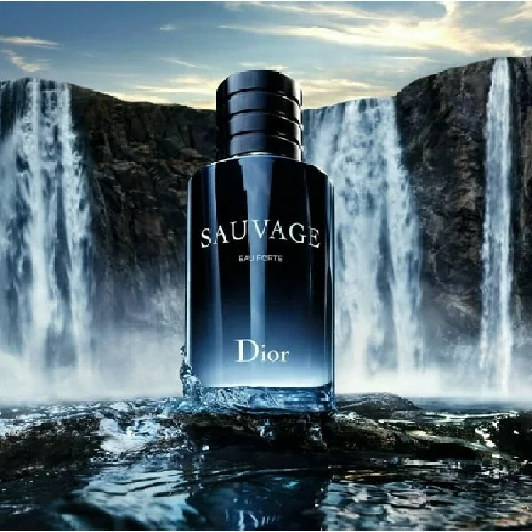 Dior Sauvage perfume bottle with a waterfall background