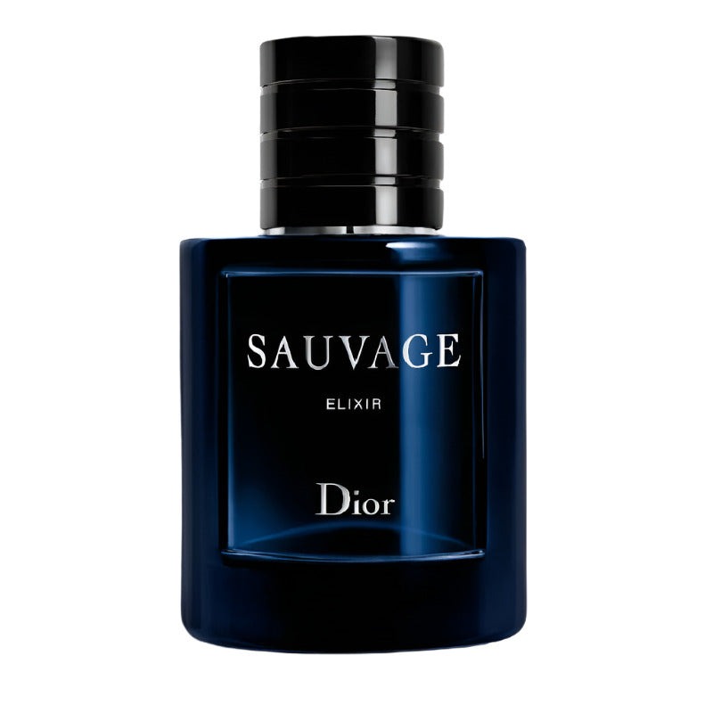 A bottle of Dior Sauvage Elixer Eau de Parfum with a dark, navy blue label and a black cap.