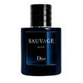 A bottle of Dior Sauvage Elixer Eau de Parfum with a dark, navy blue label and a black cap.
