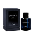 A product image featuring a Dior Sauvage Elixer Eau de Parfum bottle alongside its black packaging box.