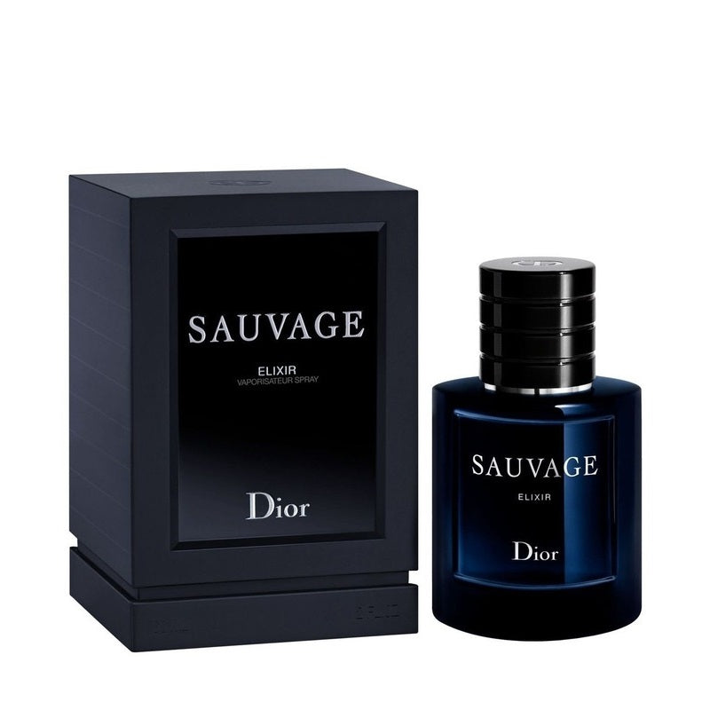 A product image featuring a Dior Sauvage Elixer Eau de Parfum bottle alongside its black packaging box.