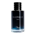 A sleek bottle of Dior Sauvage Parfum with a black cap and a label that reads 'SAUVAGE' and 'Dior'.