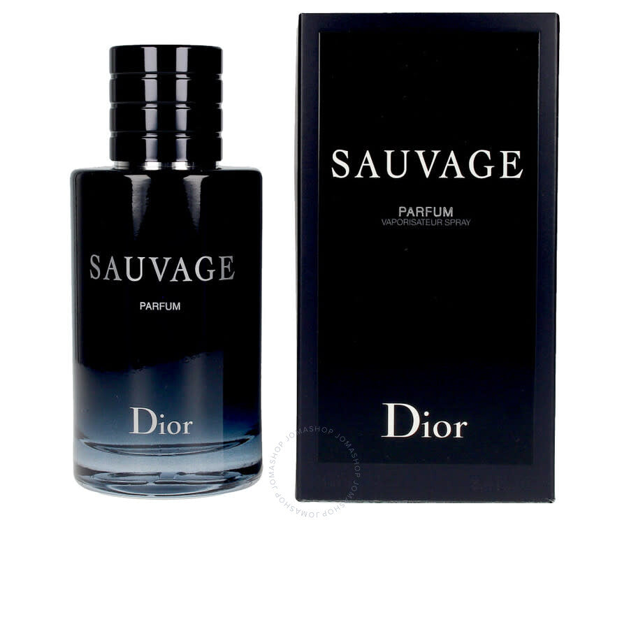 A 60ml bottle of Sauvage Parfum by Christian Dior alongside its packaging box.