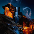 Dior Sauvage perfume bottle with orange peel and smoke effects on a dark background