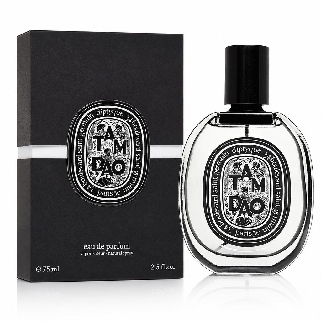 Diptyque Tam Dao Eau de Parfum bottle and its black packaging box, featuring the brand's signature oval Diptyque label.