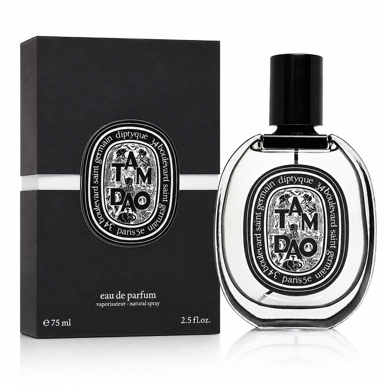 Diptyque Tam Dao Eau de Parfum bottle and its black packaging box, featuring the brand's signature oval Diptyque label.