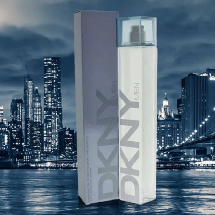 DKNY Men's perfume bottle and packaging with a city skyline in the background