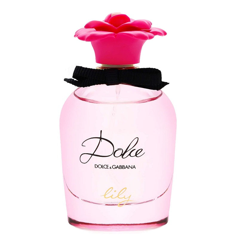 Pink Dolce & Gabbana perfume bottle with a black bow and pink flower cap on a white background
