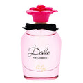 Pink Dolce & Gabbana perfume bottle with a black bow and pink flower cap on a white background