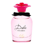 Pink Dolce & Gabbana perfume bottle with a black bow and pink flower cap on a white background
