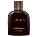 A dark colored bottle of Intenso eau de parfum by Dolce & Gabbana for men, with a spray nozzle and a gold cap.