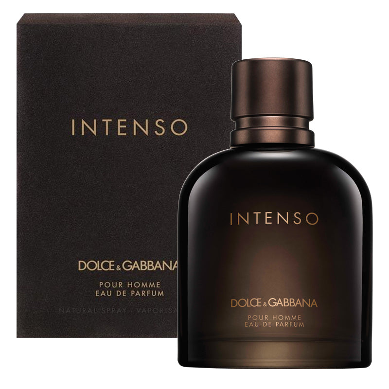 A product image featuring Dolce & Gabbana Intenso Pour Homme Eau De Parfum with a dark colored bottle and packaging, labeled for men.
