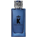 A blue glass bottle of Dolce K-King Eau de Parfum by Dolce Gabbana with a decorative cap.