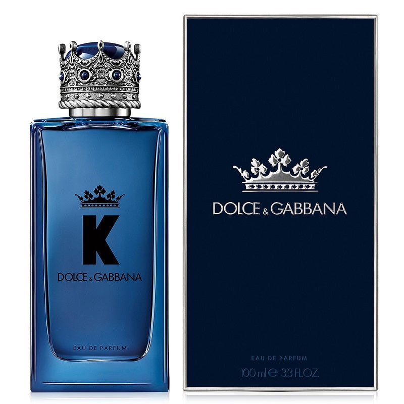 Dolce & Gabbana K perfume bottle and packaging on a white background