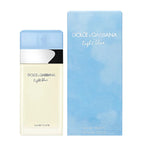 Dolce & Gabbana Light Blue Femme Eau de Toilette bottle and packaging, predominantly blue with white and black accents.