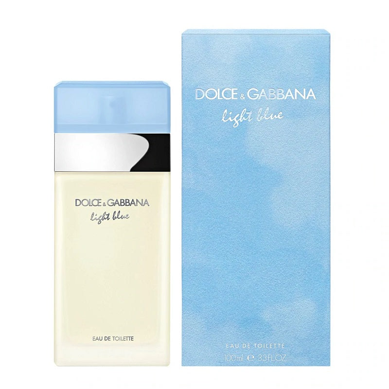 Dolce & Gabbana Light Blue Femme Eau de Toilette bottle and packaging, predominantly blue with white and black accents.