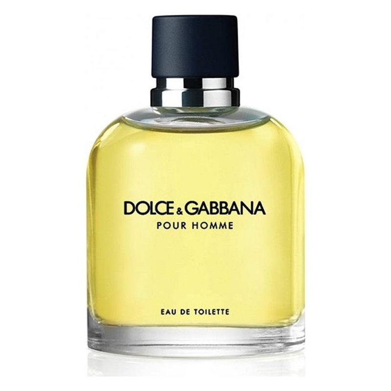 A transparent bottle of Dolce Gabbana Pour Homme Eau de Toilette with a yellowish liquid visible inside.
