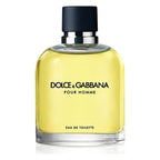 A transparent bottle of Dolce Gabbana Pour Homme Eau de Toilette with a yellowish liquid visible inside.