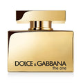 Gold Dolce & Gabbana perfume bottle on a white background