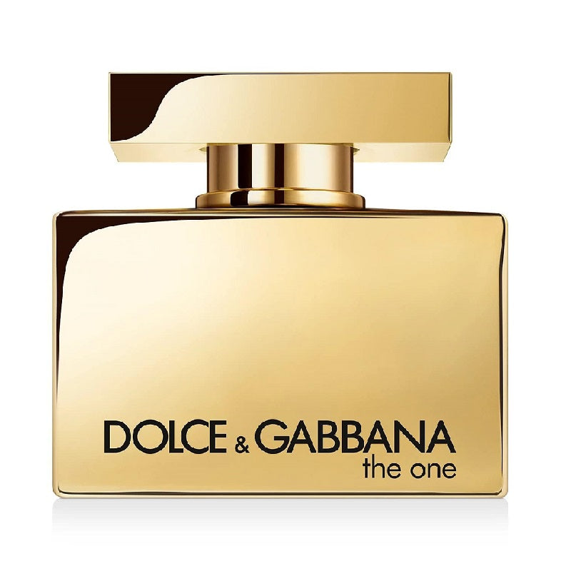 Gold Dolce & Gabbana perfume bottle on a white background