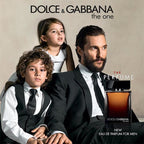 Dolce & Gabbana advertisement with a man, two children, and a perfume bottle.