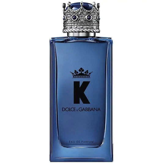 A blue glass bottle of Dolce K-King Eau de Parfum by Dolce Gabbana with a decorative cap.