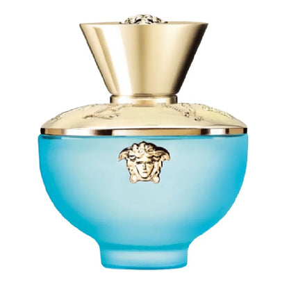 A turquoise-colored bottle of Versace Dylan Turquoise Eau de Toilette with a gold-colored cap.