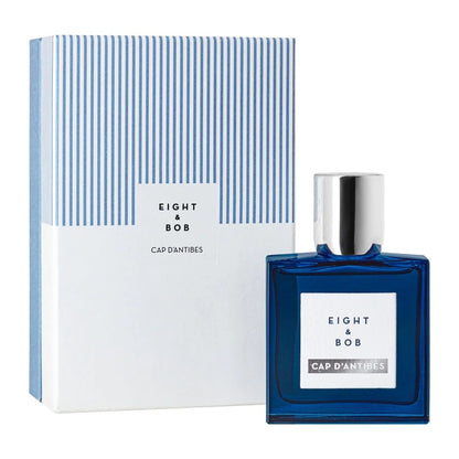 Blue perfume bottle with silver cap and matching box labeled 'Eight & Bob Cap d'Antibes' on a white background.
