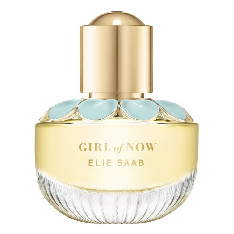 A bottle of 'Girl of Now' Eau de Parfum by Elie Saab with a clear, golden liquid visible and a gold-colored cap.
