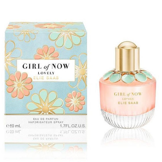 The image shows the product packaging and bottle of 'Girl of Now Lovely' Eau De Parfum by Elie Saab for women. The packaging is predominantly pink with floral designs, and the bottle has a gold cap.