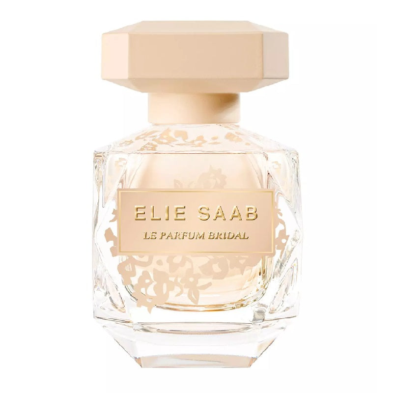 A glass bottle of Le Parfum Bridal Eau de Parfum by Elie Saab with a beige cap.