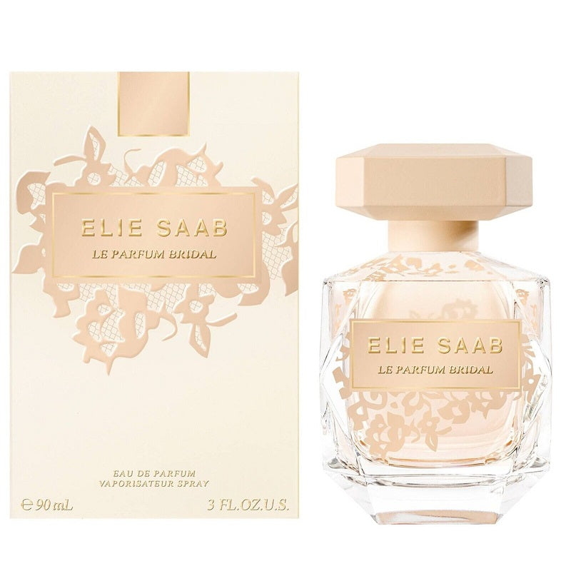 The image shows two views of a perfume bottle and box, one front and one side, with Elie Saab branding and Le Parfum Bridal text. The perfume is amber colored with floral patterns on the packaging.