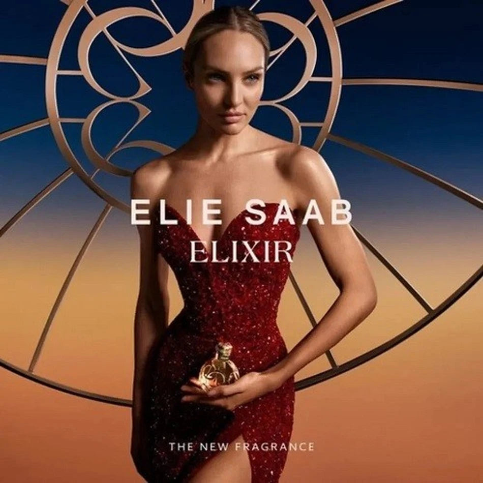 Elie Saab Le Parfum Elixir 100ml Eau de Parfum featured in a luxurious lifestyle setting inspired by golden elegance, confidence and radiant feminine sophistication.