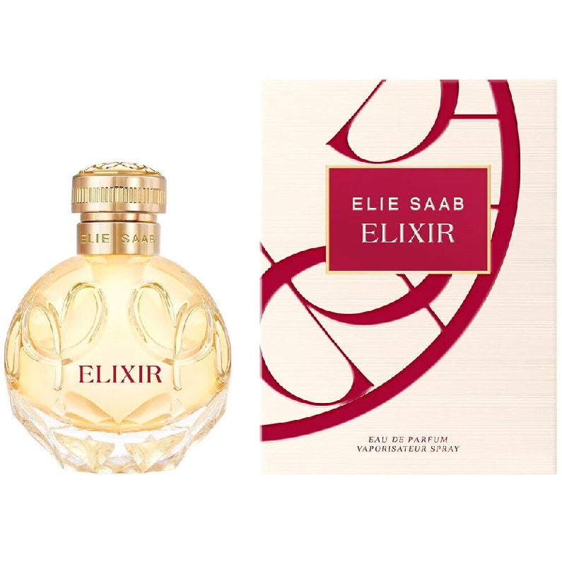 Elie Saab Elixir perfume bottle and packaging on a white background