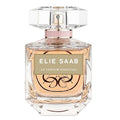 A glass bottle of Elie Saab Le Parfum Essentiel eau de parfum with a pink cap and label.