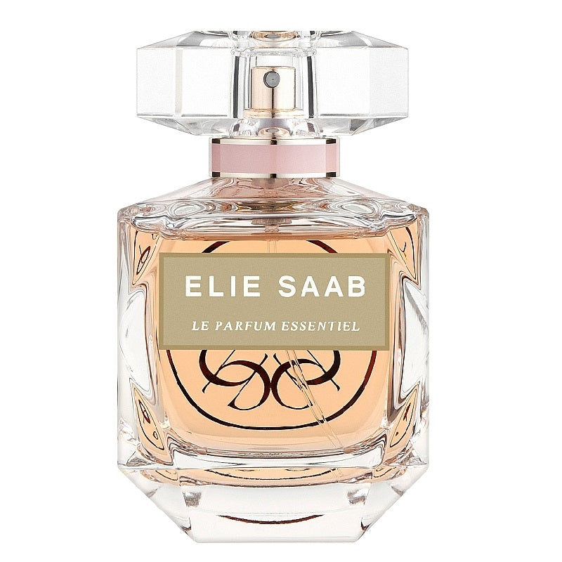 A glass bottle of Elie Saab Le Parfum Essentiel eau de parfum with a pink cap and label.