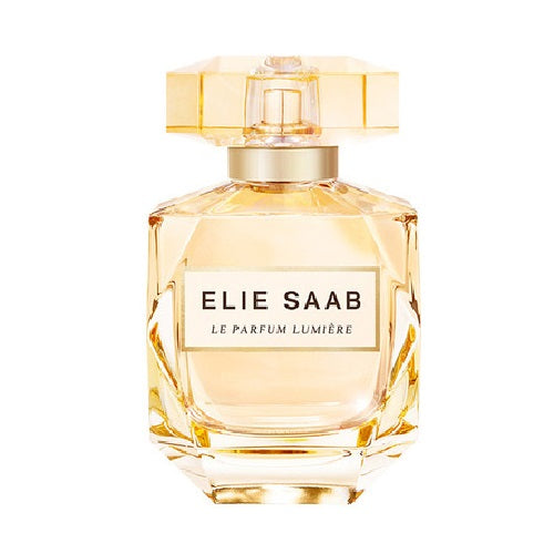 Bottle of Le Parfum Lumier by Elie Saab with a clear golden liquid visible and the brand name displayed on the label.