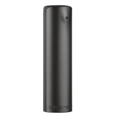 A black cylindrical bottle of Emprio Armani He Eau de Toilette by Armani with the brand name visible.