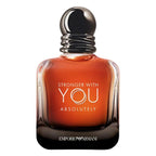 Perfume bottle with 'Stronger with You Absolutely' text and Emporio Armani logo on a white background