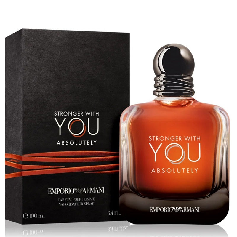 Emporio Armani perfume bottle and packaging with 'Stronger with You Absolutely' text.