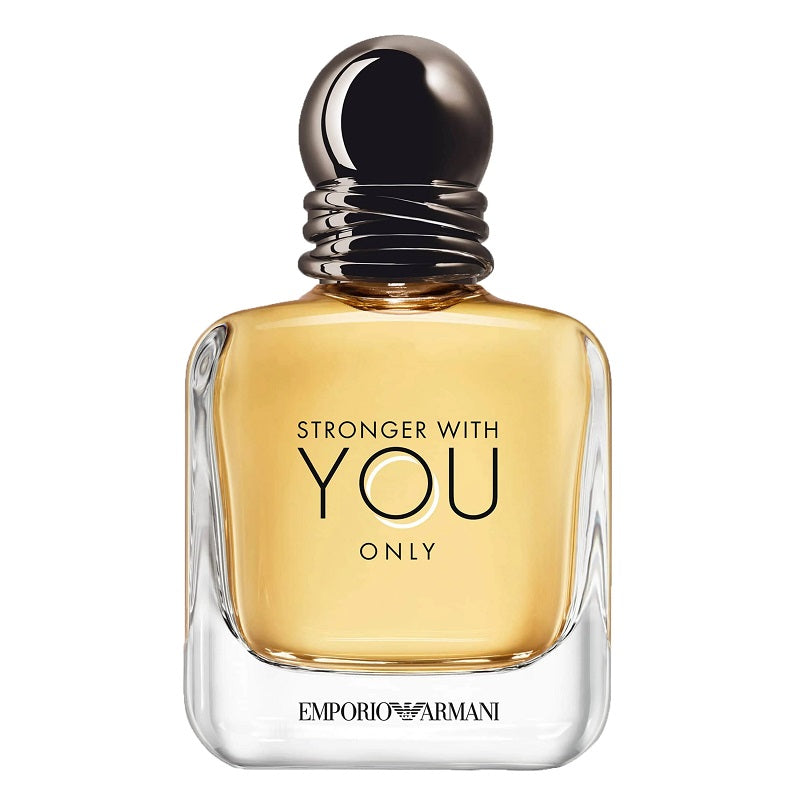 Perfume bottle with 'Stronger with You Only' text and Emporio Armani logo on a white background