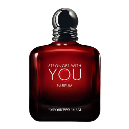 Red perfume bottle with silver cap labeled 'Stronger with You Parfum' by Emporio Armani on a white background