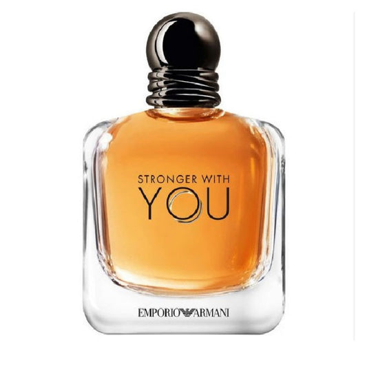 A square-shaped glass bottle of 'Stronger With You' Eau de Toilette by Emporio Armani with a golden cap and label.